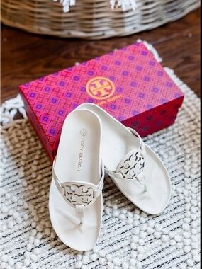 Tory Burch Cream Miller Logo Thong Sandals